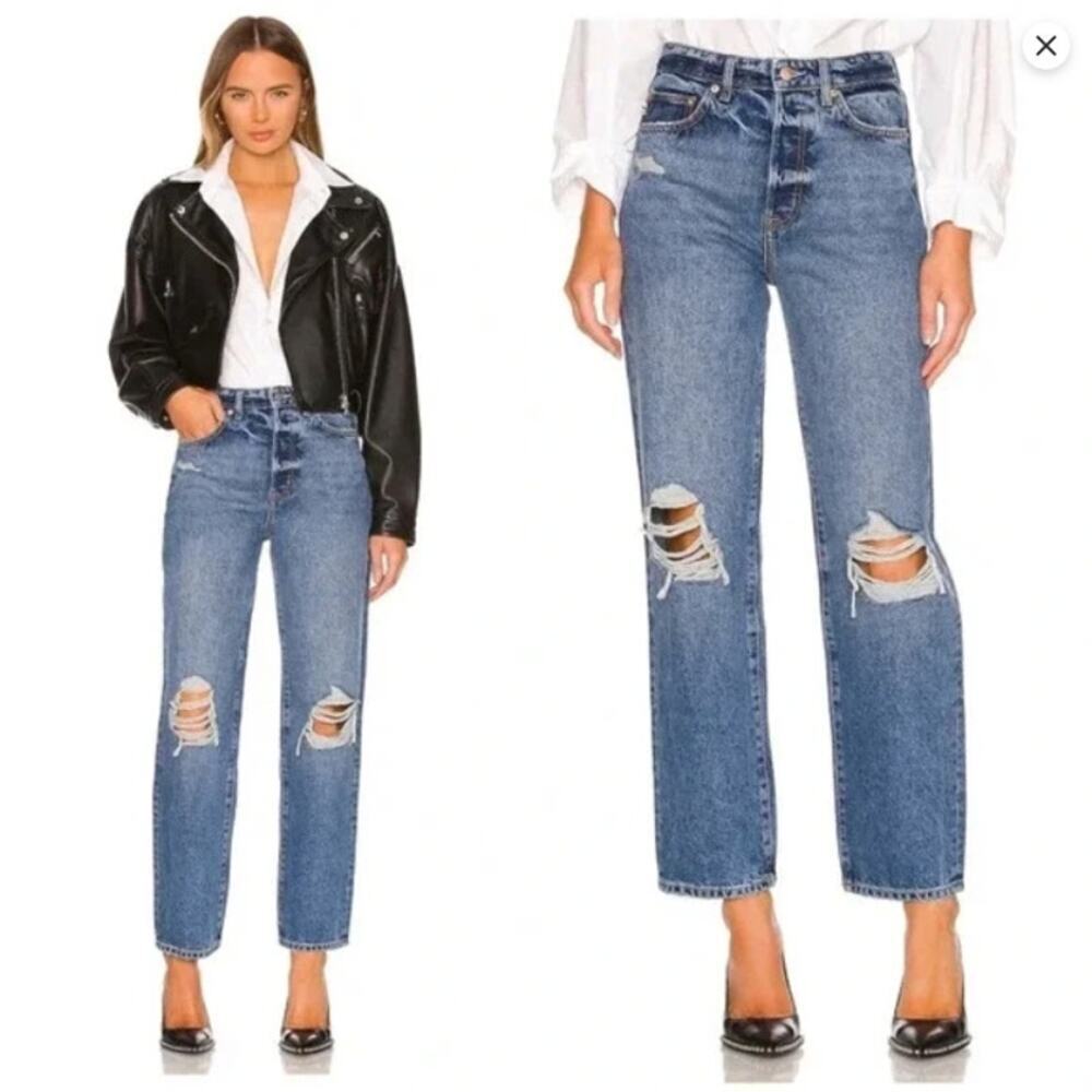 Lovers + Friends Ryan High Rise Straight Jeans Womens 30 NWT Distressed Med Wash